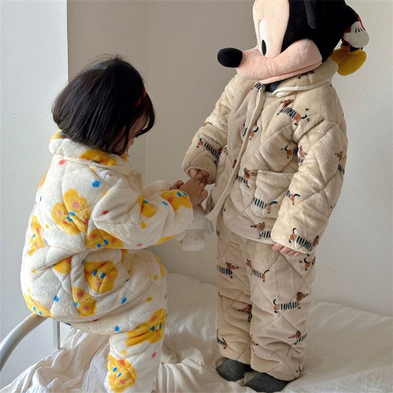 冬季女孩儿童加厚法兰绒三层夹棉睡衣珊瑚绒男女童宝宝家居服套装