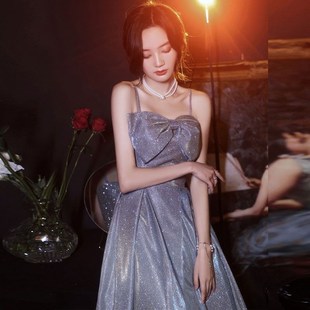 星空晚礼服2022新款夏季蓝色长款亮片一字肩主持人合唱指挥礼服女