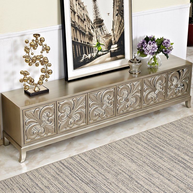 新古典镜面电视柜欧式客厅矮柜美式雕花做旧地柜实木多功能视听柜