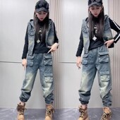 牛仔套装 春秋季 两件套女宽松大码 时尚 无袖 连帽兔耳朵马甲上衣长裤