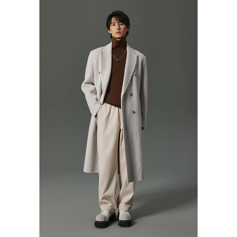 【储格】950g重磅羊毛双面呢大衣男米白色垫肩大长款外套冬季风衣