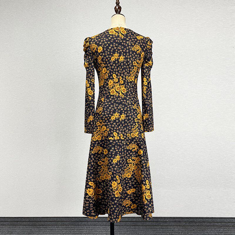 中长款蓝底黄花长袖连衣裙女2024弹力修身性感V领黑底红花a字裙子
