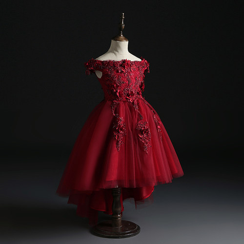 一字肩女童礼服公主裙生日红色花童走秀儿童小主持人钢琴演出服夏