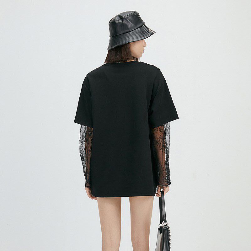 普普风黑色蕾丝2025年新款春装拼接长袖T恤女显瘦百搭假两件上衣