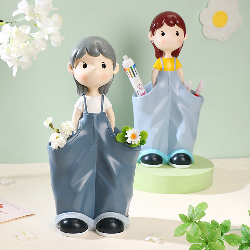 创意女孩笔筒插花桌面收纳摆件学生书房办公室装饰品家居送人礼物