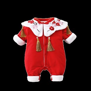 婴儿衣服秋冬新款薄棉满月服抓周礼服女宝宝连体衣夹棉红色外穿