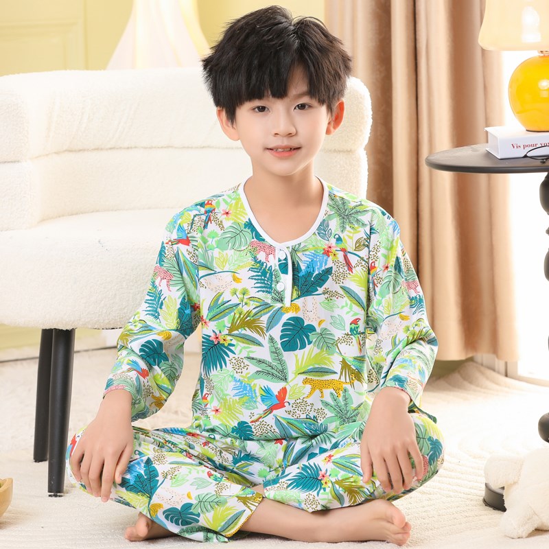 夏季儿童睡衣绵绸长袖长裤套装男孩女童小孩子薄款棉绸空调家居服