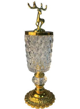 北欧水晶玻璃储物罐带盖欧式金色茶几托盘站鹿糖果罐家居收纳摆件