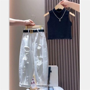 子夏季 破洞儿童老爹裤 薄款 夏天宽松直筒洋气夏装 大童牛仔裤 女童裤