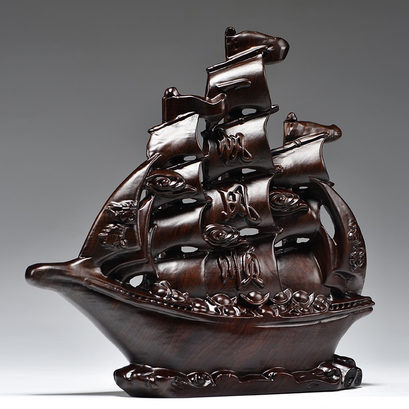 黑檀实木雕一帆风顺帆船摆件公司开业送礼品客厅办公室船模型装饰