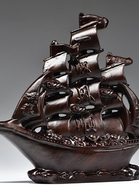 黑檀实木雕一帆风顺帆船摆件公司开业送礼品客厅办公室船模型装饰