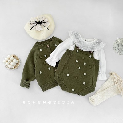 女童春秋季毛衣套装婴儿针织外套可爱包屁背带裤宝宝内搭打底衬衫