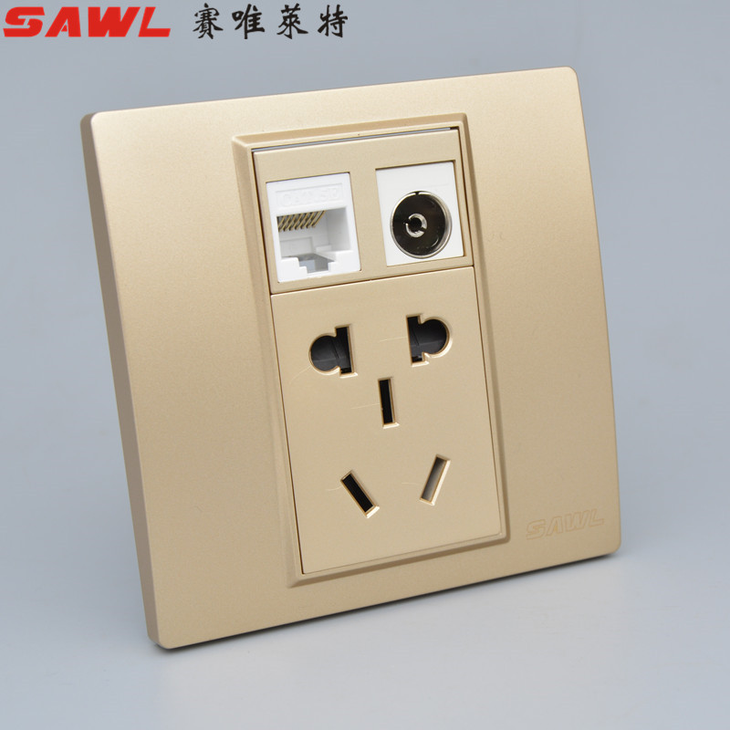 86型香槟金网络带五孔电源插座金色二三插加电脑电视网线模块面板