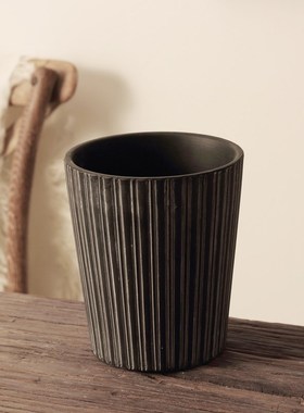 复旧暗色花盆轻侘寂风中式陶土透气黑色条纹家居简约长阳绿植花卉