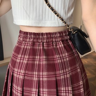 酒红格子百褶裙中长款大码高腰显瘦秋冬半身裙中裙学院风jk格裙女