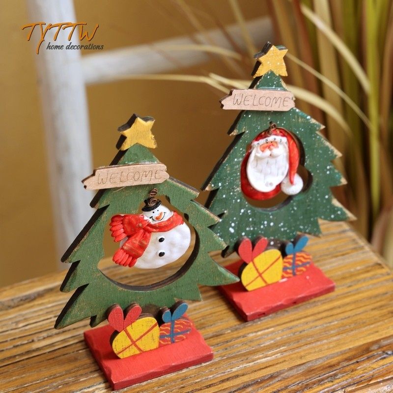 美式卡通木质装饰圣诞节树摆件欢迎老人雪人复古桌面家居装饰品