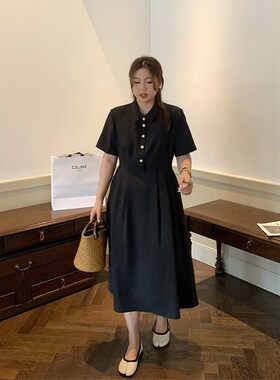 NAZ那子大码2024夏季新款法式复古气质连衣裙胖mm收腰显瘦小黑裙