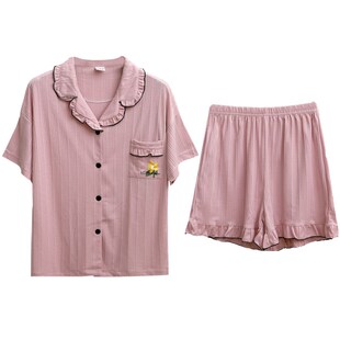 短裤 2024夏季 女士棉短袖 花瓣领可爱休闲家居睡衣套装 宽松 短袖