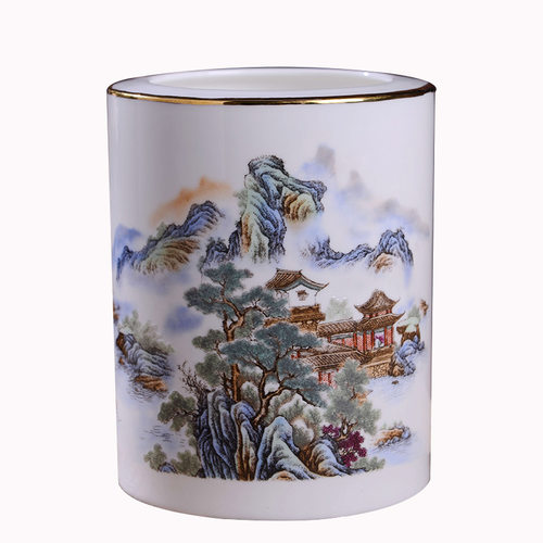陶瓷笔筒山水画文具圆形毛笔圆珠笔多功能办公笔筒景德镇陶瓷笔筒