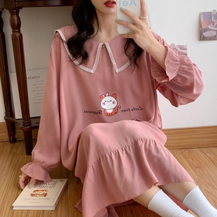 棉绸睡衣女长袖睡裙春秋连衣裙夏季薄款绵绸裙子人造棉睡衣裙外穿