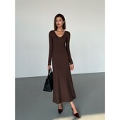 修身 连衣裙女春季 新款 ousph黑色毛织长袖 V领气质法式 针织收腰长裙