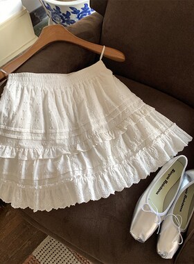 VASSE美蟹 高腰白色半身裙女2024新款小个子设计感浮雕蛋糕裙短裙