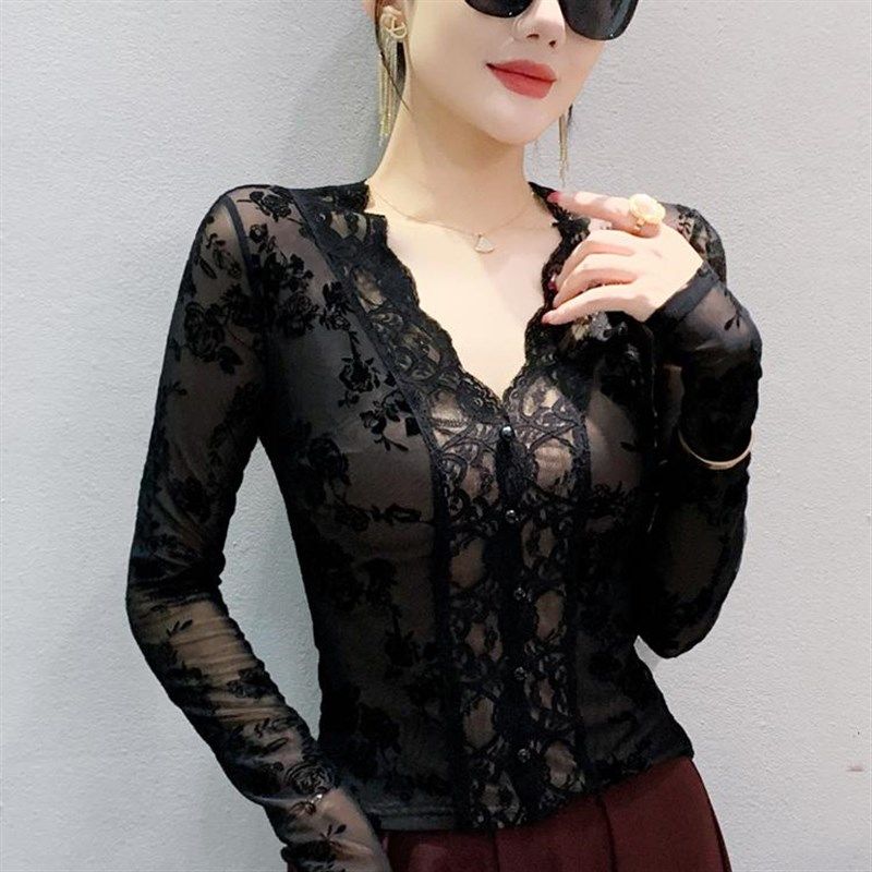 秋冬加绒加厚打底衫女修身内搭长袖T恤设计感V领蕾丝上衣洋气小衫