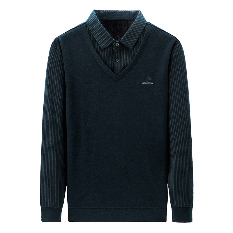 秋冬季加绒加厚衬衫领假两件套男保暖毛衣假领针织衫上衣条纹衬衣