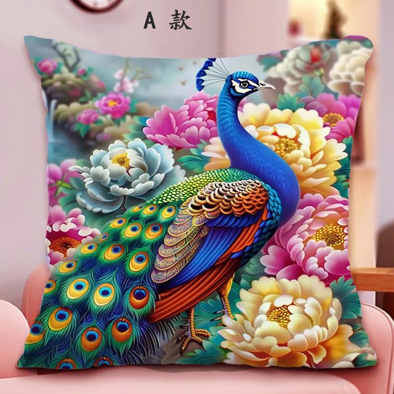 孔雀牡丹花十字绣线绣吉祥鸟抱枕一对手工自己满绣客厅沙发靠枕套