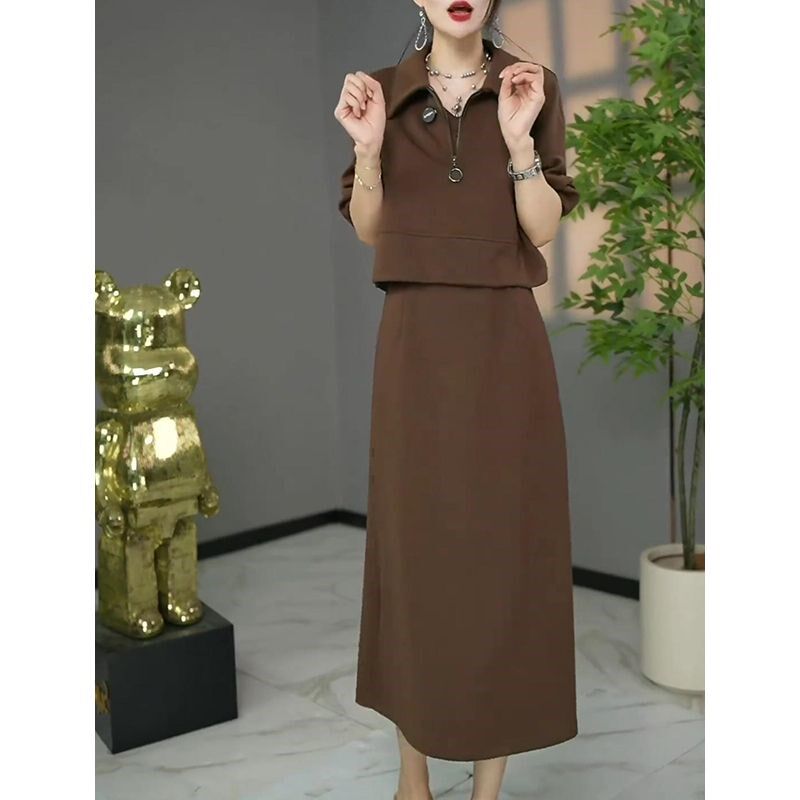 时尚大码两件套女2024年秋季新款半拉链卫衣休闲背心连衣裙子套装