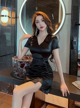 夜场工作服黑色漏背性感裙低胸女装夜总店连衣裙桑拿按摩气质短裙