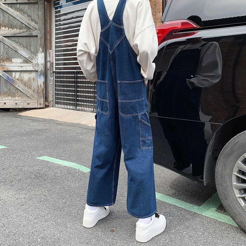 复古蓝色吊带牛仔裤男装直筒阔腿夏季新款小众嘻哈垂感背带拖地裤