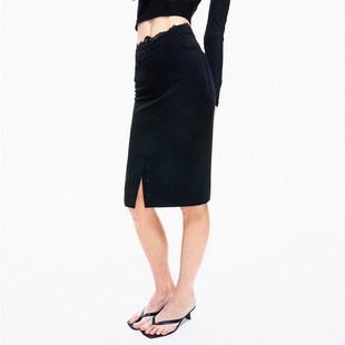 EMPTY PAGE黑色蕾丝拼接开叉半身裙高腰微弹显瘦铅笔裙