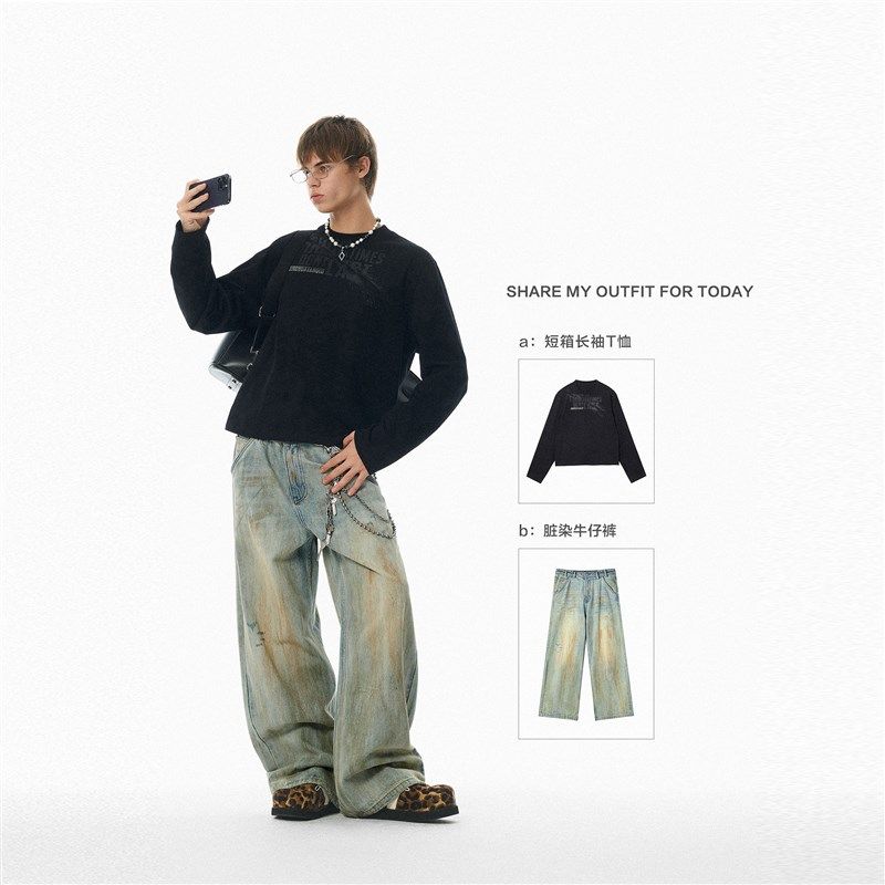 JHYQ复古脏染水洗做旧磨破洞牛仔裤男宽松宽松直筒阔腿休闲直筒裤