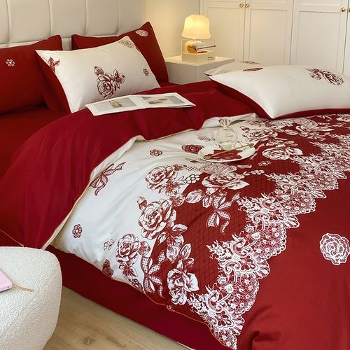 中式简约结婚四件套大红色新婚床单被套纯棉婚庆床上用品婚房陪嫁