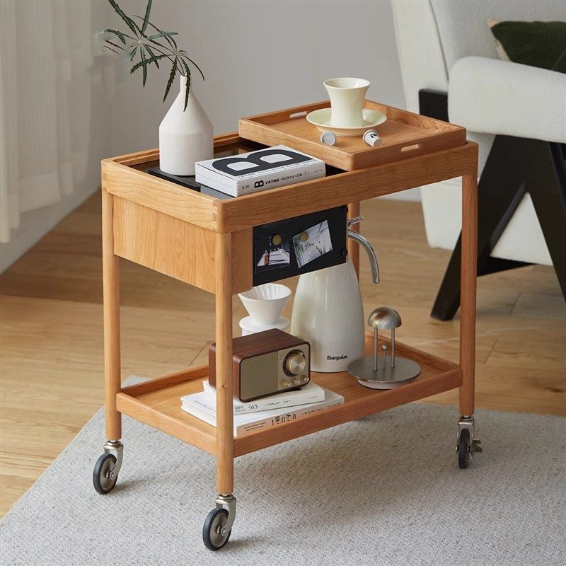 实木边几北欧可移动小推车樱桃木小户型日式茶几沙发边桌