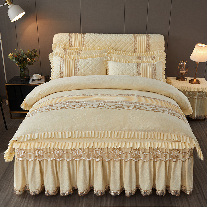 冬季水晶绒床裙四件套被罩双面欧式蕾丝床单被套加厚夹棉床罩加棉