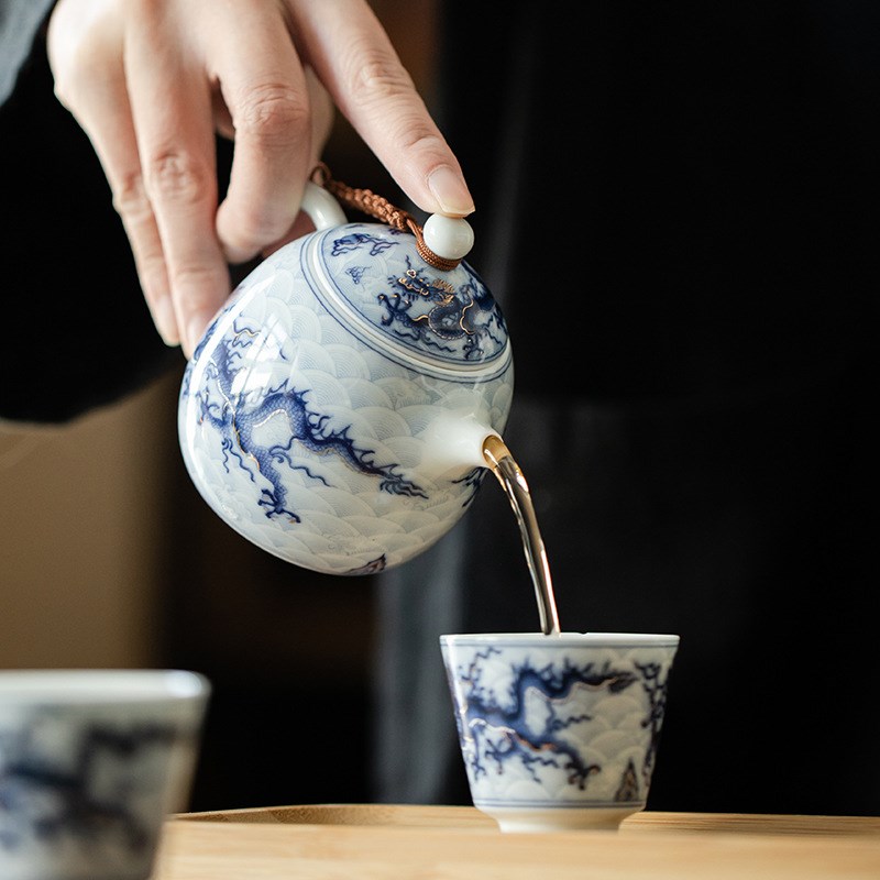 金银错青花祥龙旅行茶具户外露营车载便携一壶二杯茶盘干泡茶套组