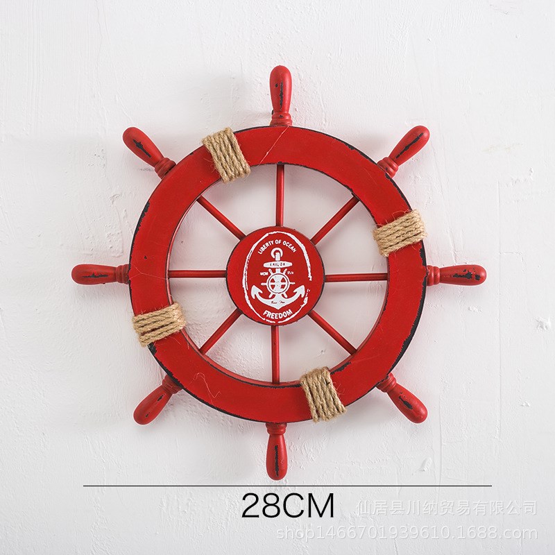 地中海风格装饰摆件挂饰木质裂纹船舵方向盘实木工艺品28公分舵手