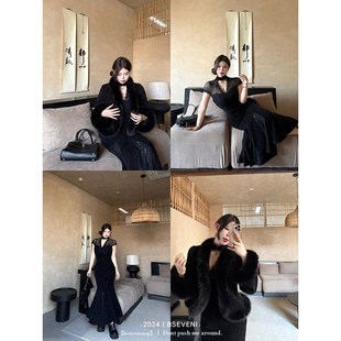 黑泽玄七微胖mm2025s春季新款正肩收腰显瘦新中式长款连衣裙套装