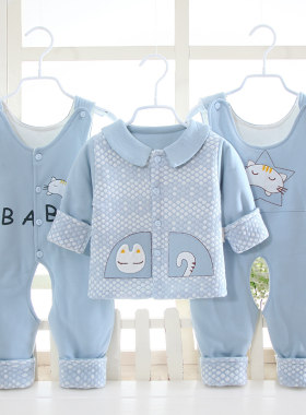 婴儿棉衣春秋套装背带新生儿衣服春季0-1岁宝宝薄棉衣夹棉三件套