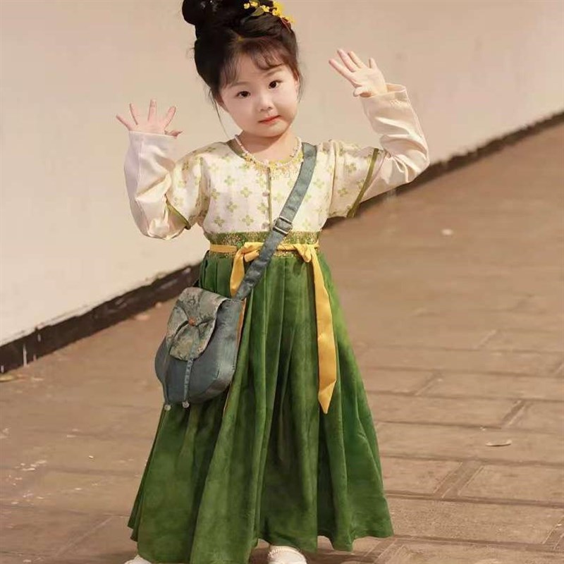 女童汉服儿童古装连衣裙可爱公主襦裙表演绿色半臂表演服古代舞蹈