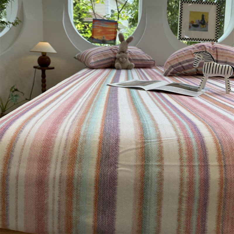 秋冬加厚磨毛粉色条纹纯棉床笠床单单件1.35m全棉学生宿舍保护套