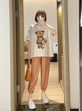 哺乳夏装套装外出时尚辣妈u款上衣裤子两件套宽松显瘦喂奶衣服夏