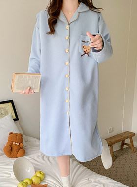 秋冬季加厚纯棉产後哺乳哺乳睡裙空气棉K月子服孕妇睡衣女洋装春