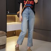 大码 高腰裤 口翻边小V字直筒裤 春夏薄款 200斤胖mmU时尚 百搭九分女