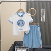 汉服短袖 套装 国风唐装 男童夏季 男宝宝10岁K棉麻演出服儿童古装 礼
