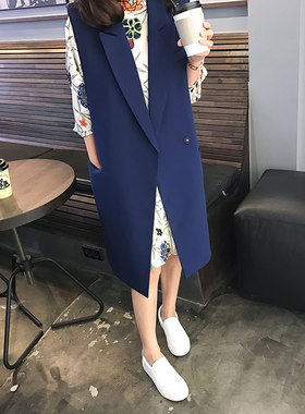 2021韩版新款中长款马甲v女春秋宽松薄款加长西装马夹大码背心外