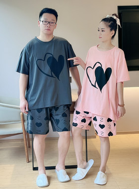 夏季纯棉短袖情侣睡衣女休闲甜y美短裤大码加肥家居服男凉爽棉套