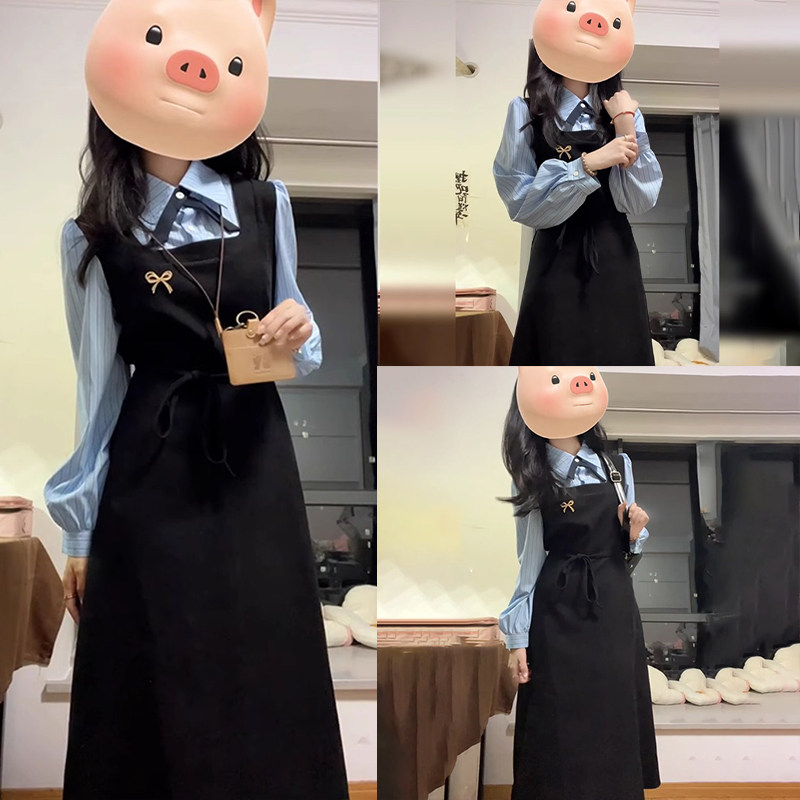 假两件学院风长袖连衣裙子女早初秋2024新N款教资面试韩系穿搭套